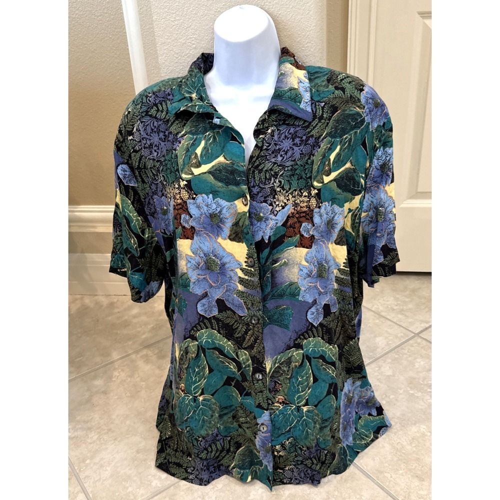 VTG Kathryn Deene Blue Green Floral Short Sleeve‎ Button Up Sz 22/24 Hawaiian